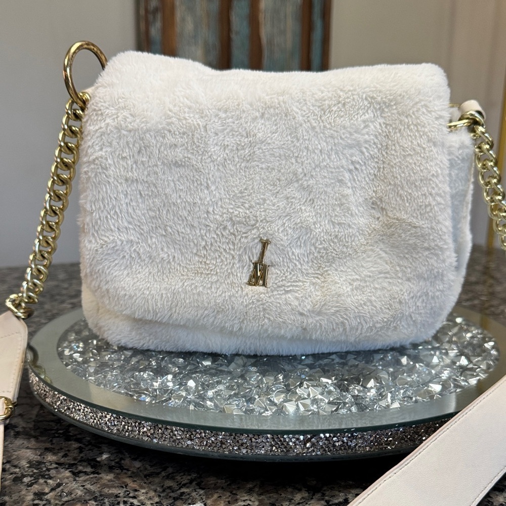 Isaac Mizrahi White Faux Fur Crossbody Bag with Gold Chain
